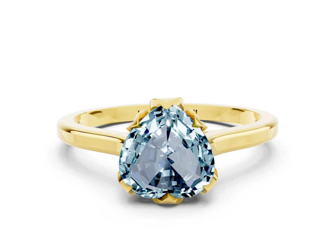 Yellow gold Heart Cut Aquamarine Solitaire Ring with Flower Prong Setting and Classic Band_36