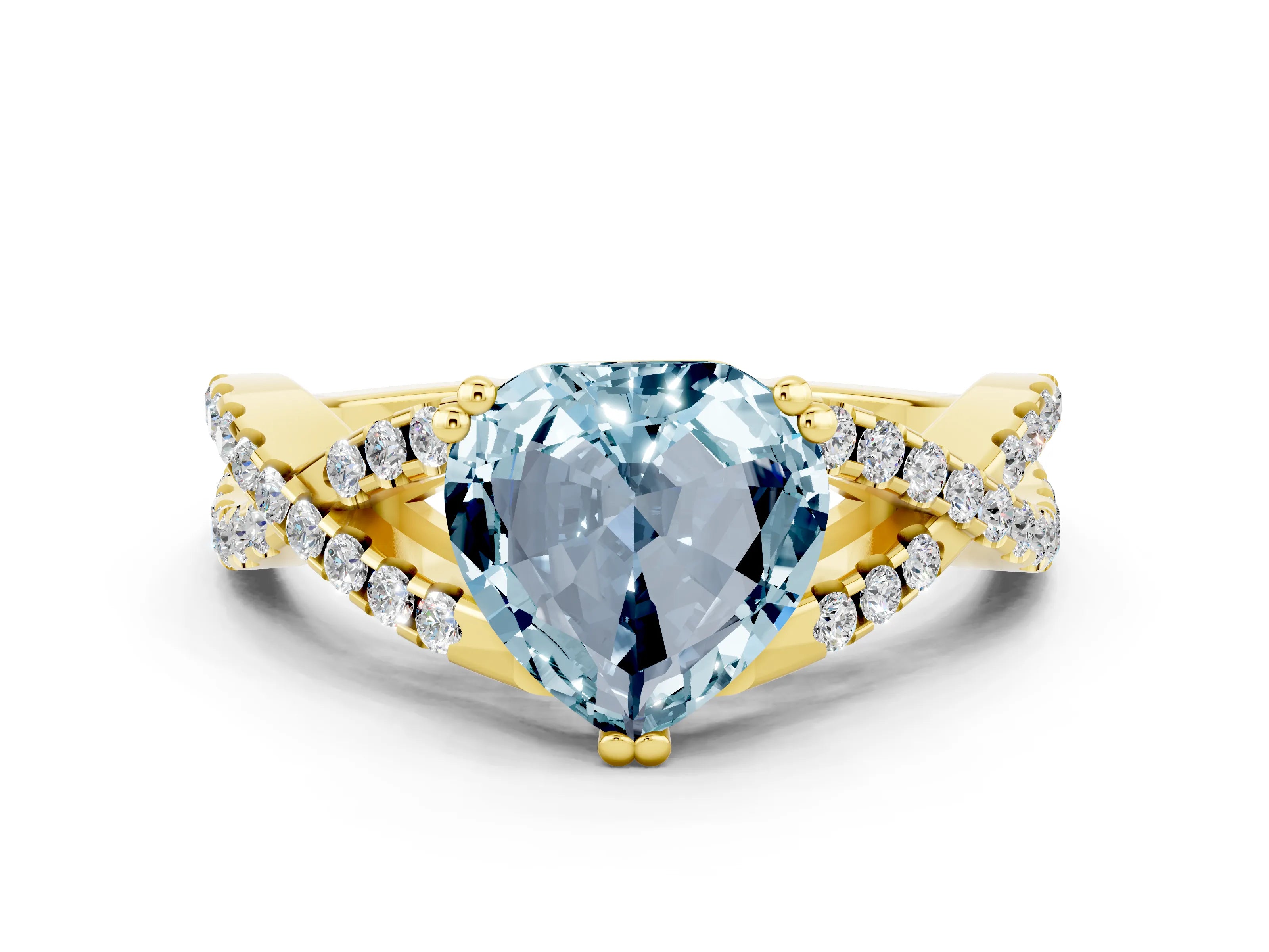 Yellow gold Heart Cut Aquamarine Solitaire Ring with Four-Prong Setting and Twisted Pavé Band