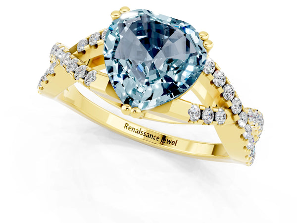 Yellow gold Heart Cut Aquamarine Solitaire Ring with Four-Prong Setting and Twisted Pavé Band