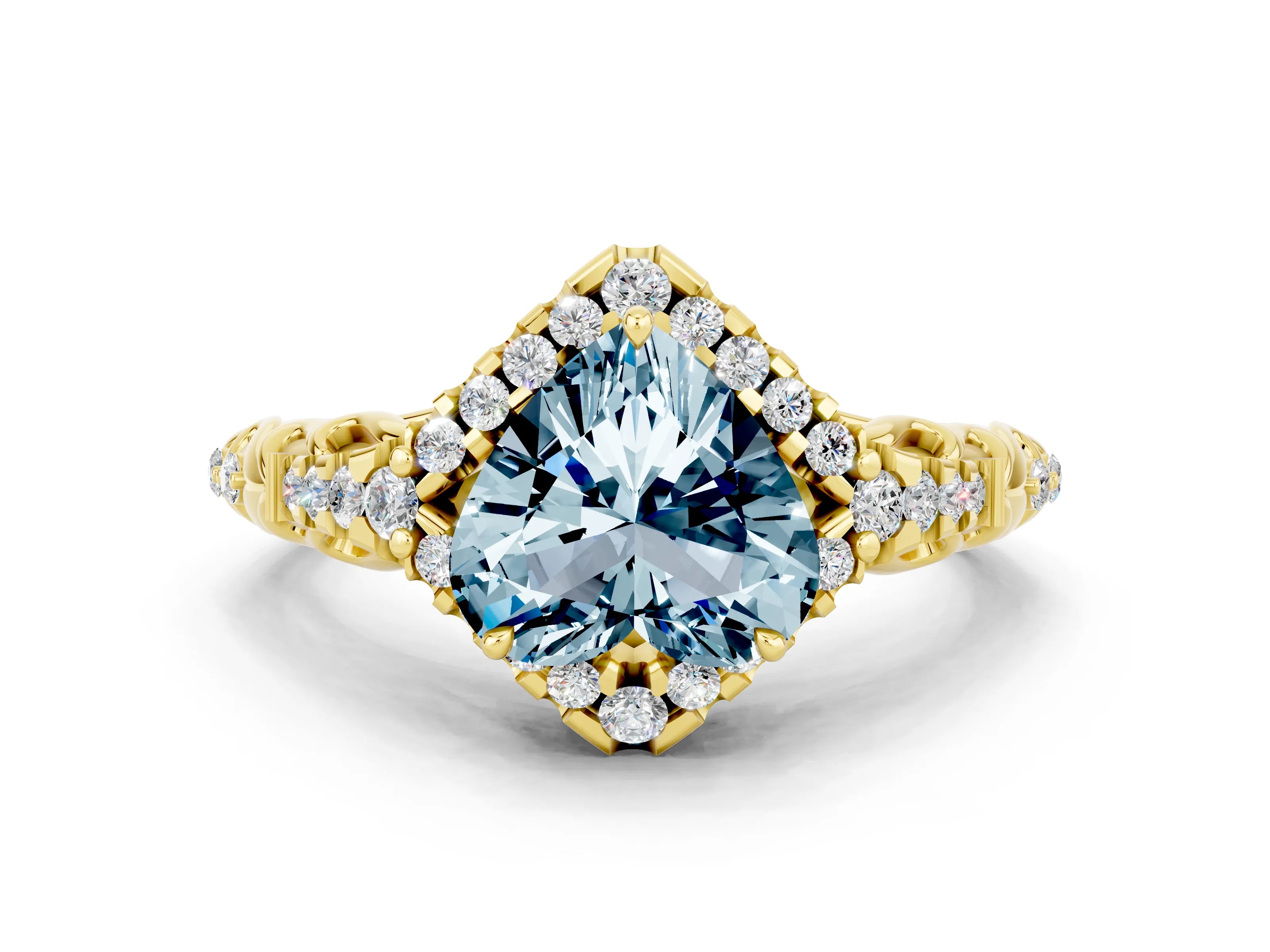 Yellow gold Heart Cut Aquamarine Solitaire Ring with Hidden Halo and Pavé Band_12