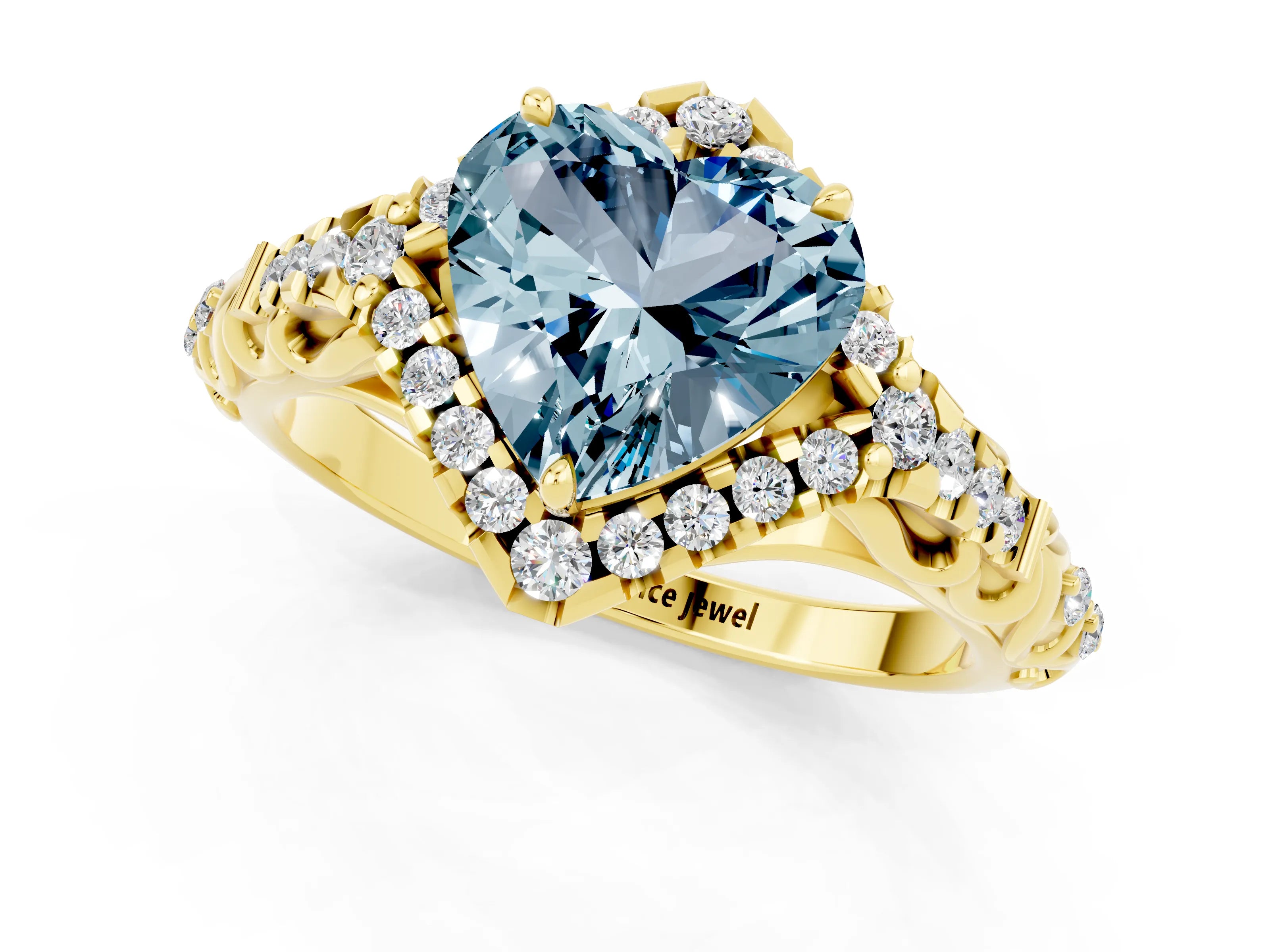 Yellow gold Heart Cut Aquamarine Solitaire Ring with Hidden Halo and Pavé Band_13