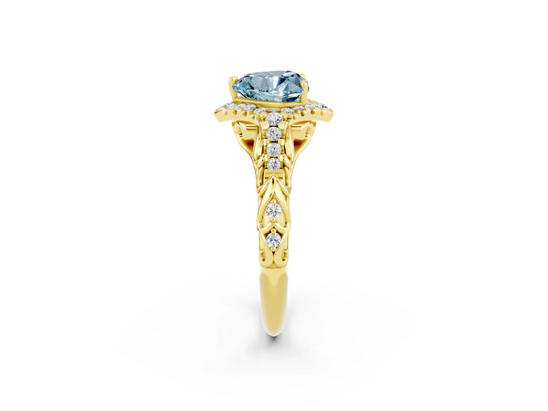 Yellow gold Heart Cut Aquamarine Solitaire Ring with Hidden Halo and Pavé Band