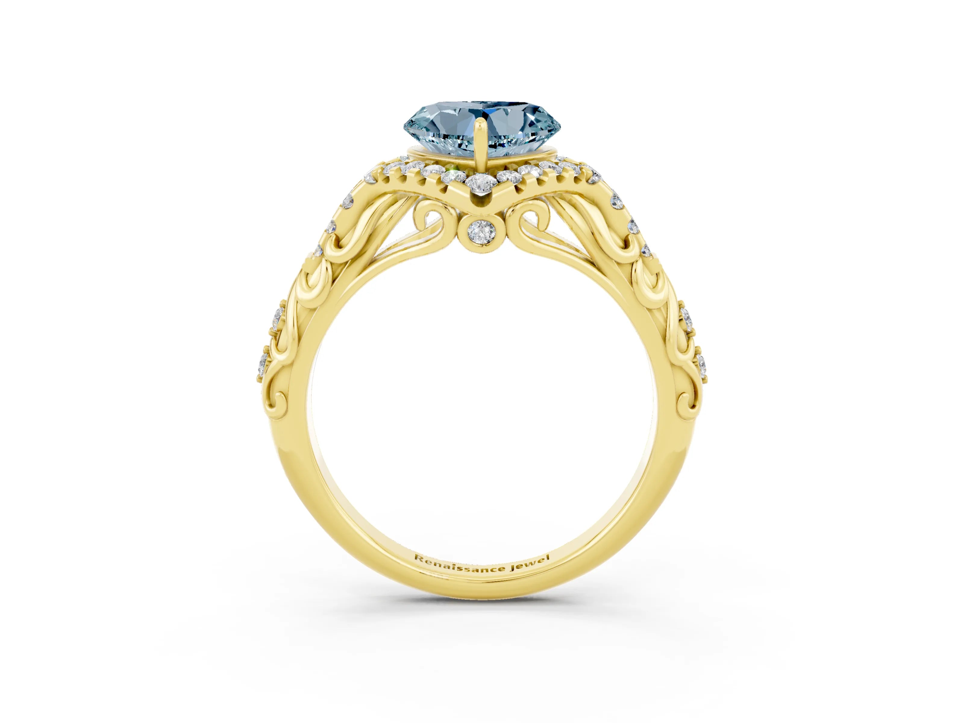 Yellow gold Heart Cut Aquamarine Solitaire Ring with Hidden Halo and Pavé Band_15