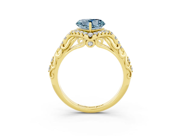 Yellow gold Heart Cut Aquamarine Solitaire Ring with Hidden Halo and Pavé Band