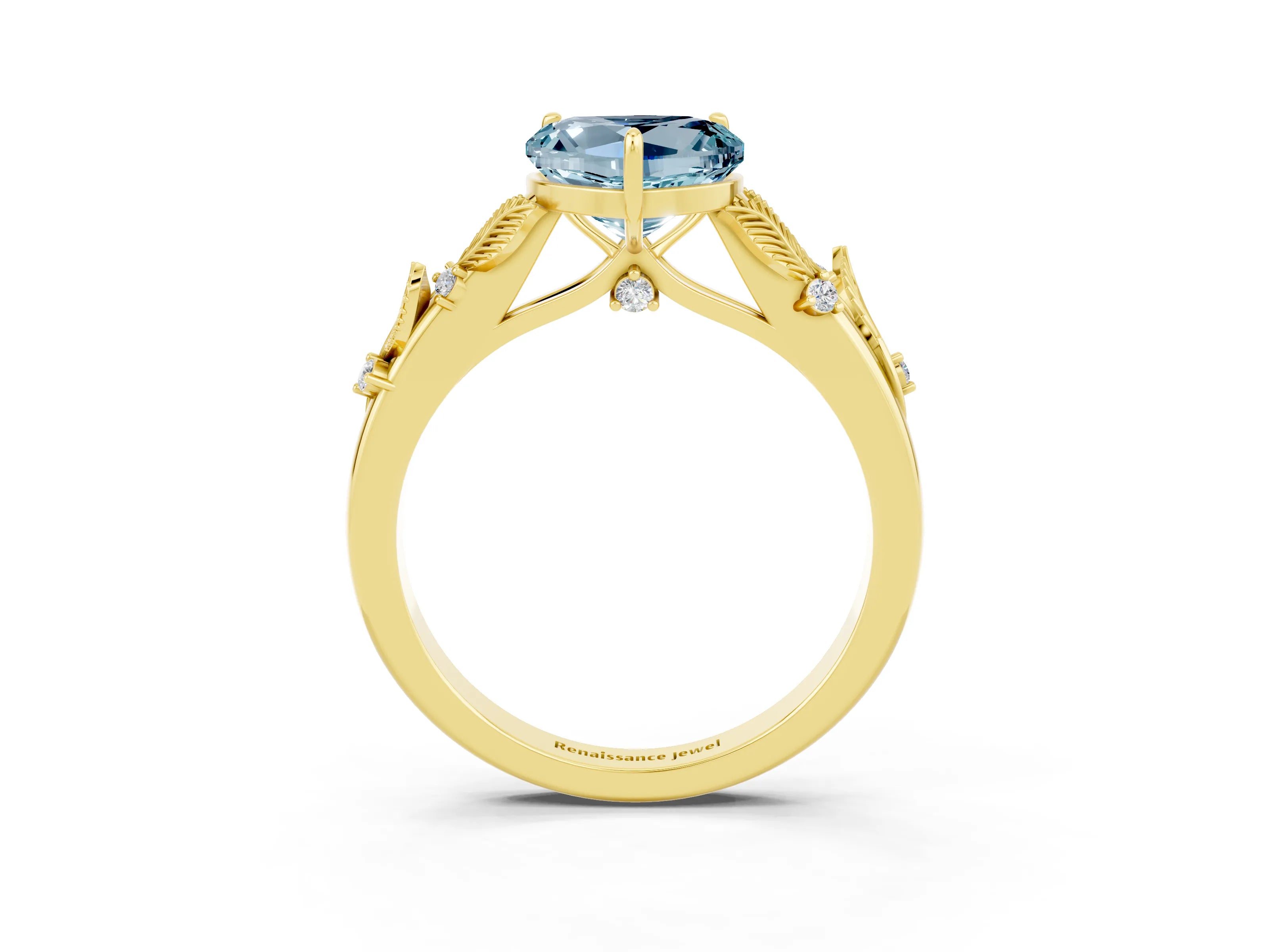 Yellow gold Heart Cut Aquamarine Solitaire Ring with Leaf Motif Band and Four-Prong Setting_3
