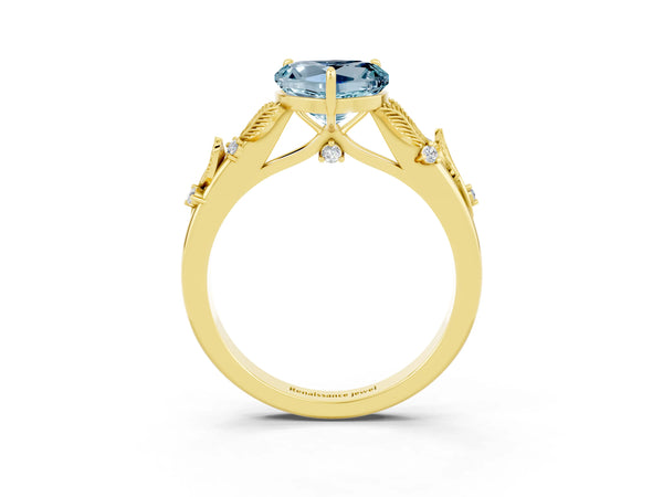 Yellow gold Heart Cut Aquamarine Solitaire Ring with Leaf Motif Band and Four-Prong Setting