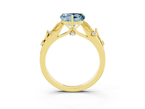 Yellow gold Heart Cut Aquamarine Solitaire Ring with Leaf Motif Band and Four-Prong Setting_3