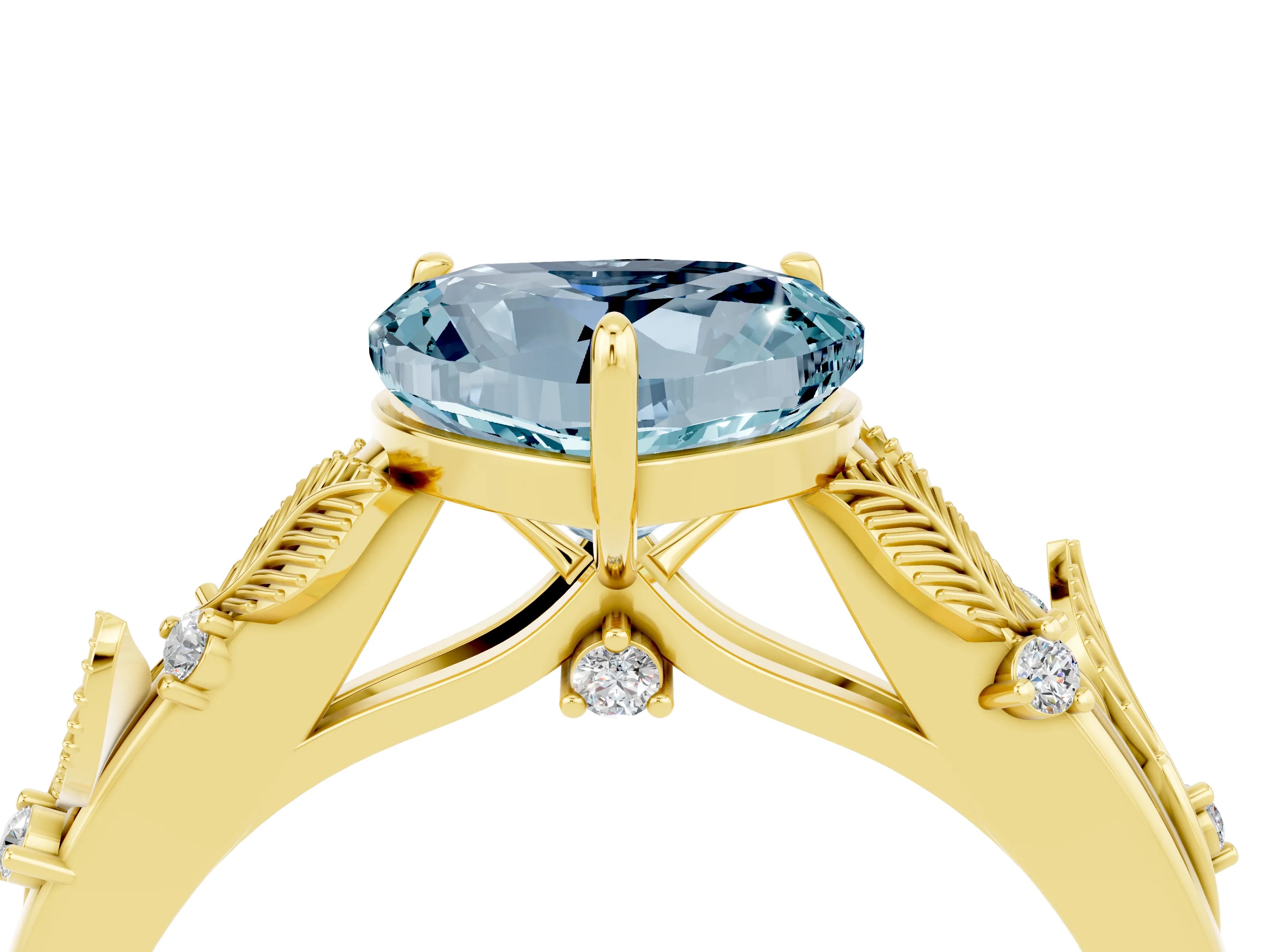 Yellow gold Heart Cut Aquamarine Solitaire Ring with Leaf Motif Band and Four-Prong Setting_4