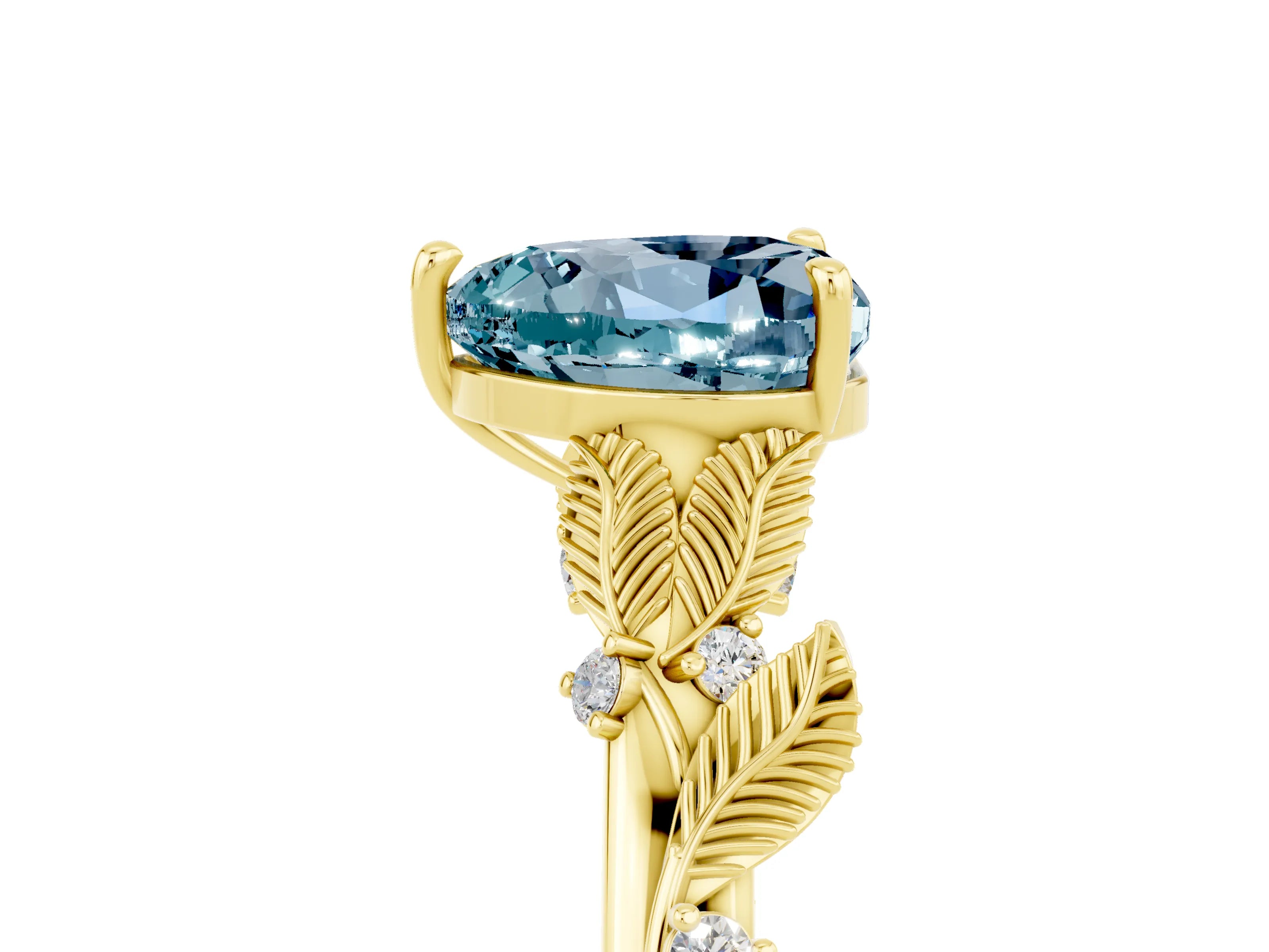 Yellow gold Heart Cut Aquamarine Solitaire Ring with Leaf Motif Band and Four-Prong Setting_5