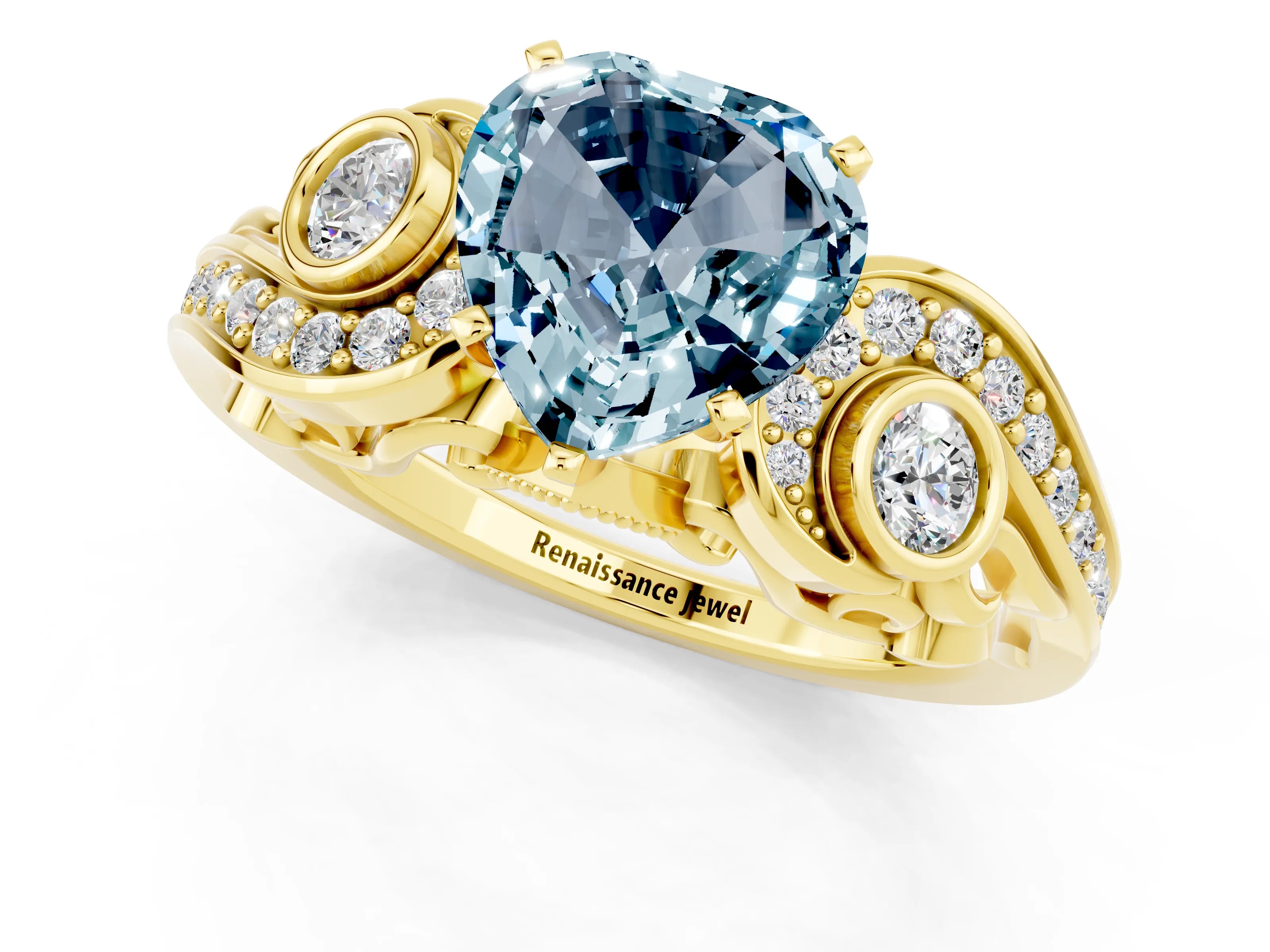 Yellow gold Heart Cut Aquamarine Solitaire Ring with Milgrain Pavé Band and Four-Prong Setting_25