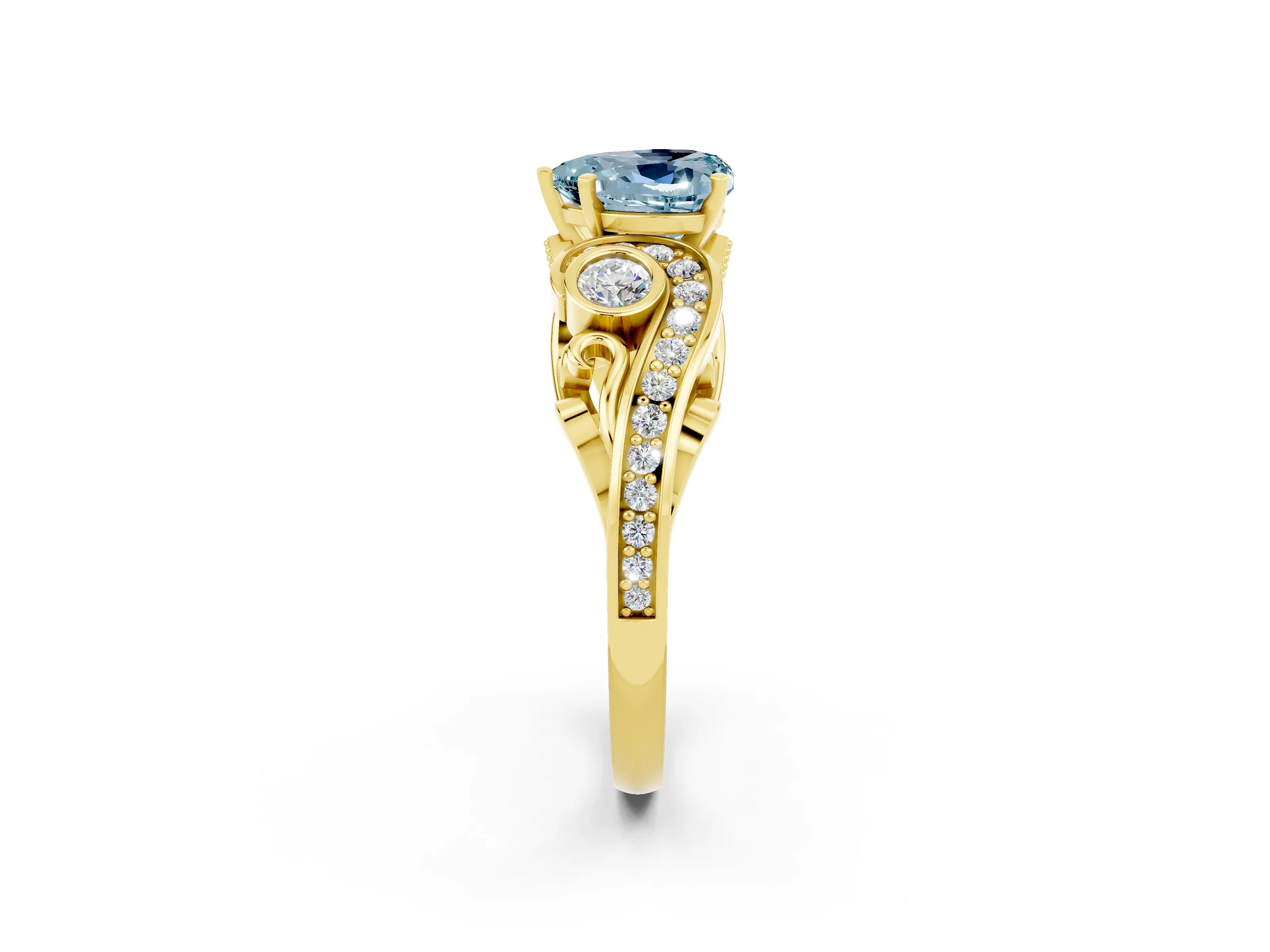 Yellow gold Heart Cut Aquamarine Solitaire Ring with Milgrain Pavé Band and Four-Prong Setting_26