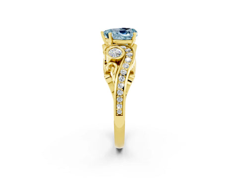 Yellow gold Heart Cut Aquamarine Solitaire Ring with Milgrain Pavé Band and Four-Prong Setting_26