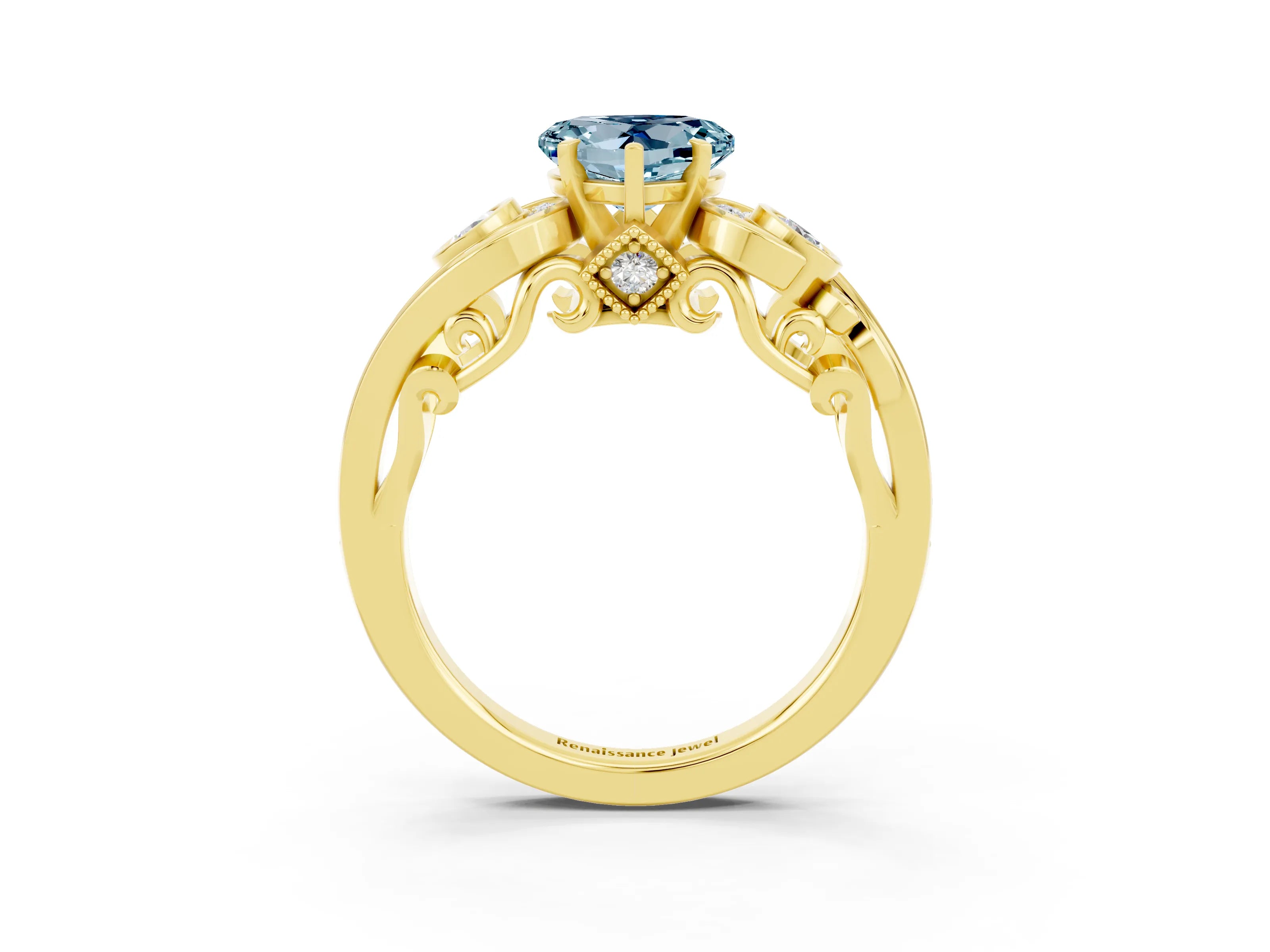 Yellow gold Heart Cut Aquamarine Solitaire Ring with Milgrain Pavé Band and Four-Prong Setting_27