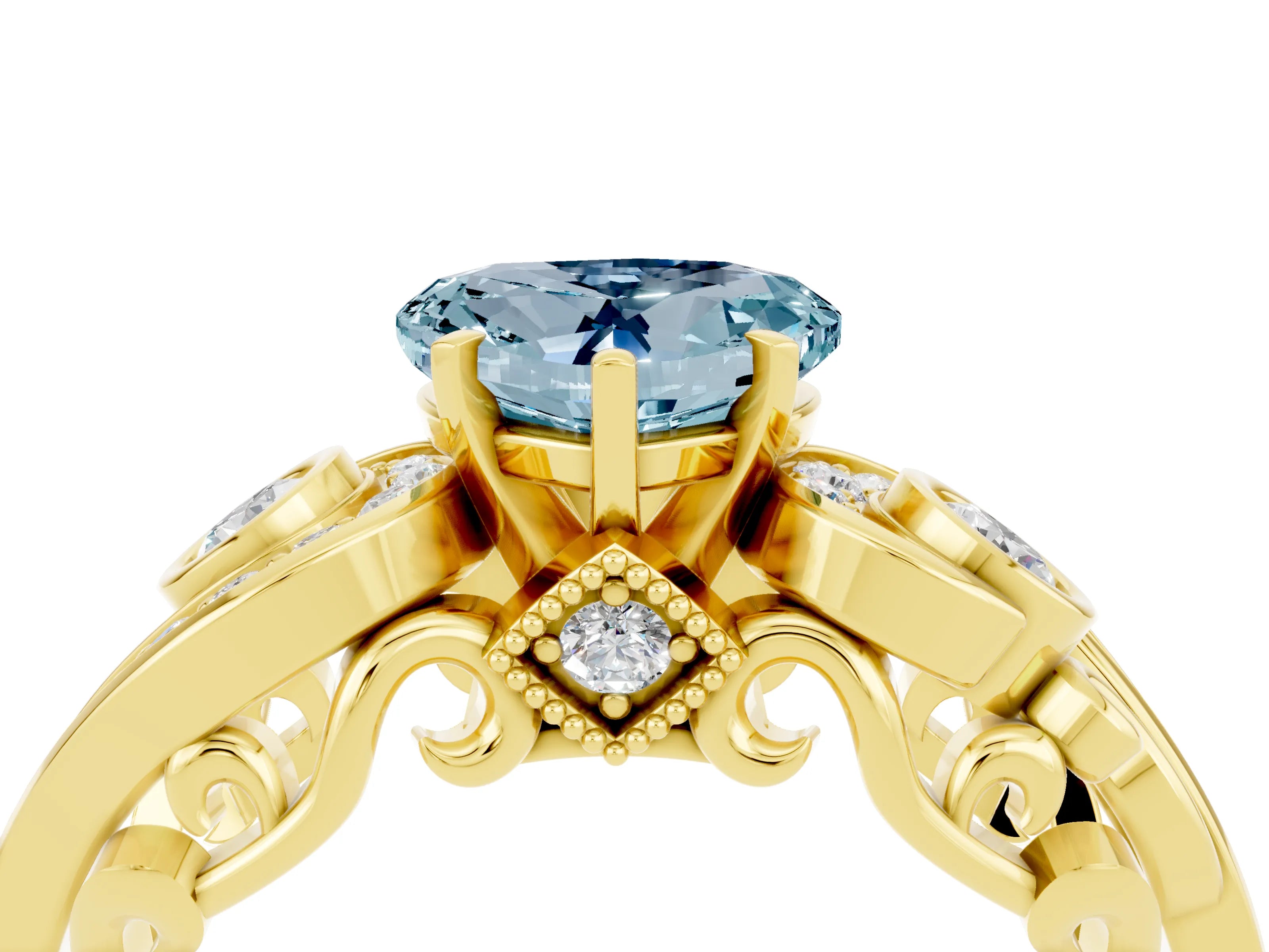 Yellow gold Heart Cut Aquamarine Solitaire Ring with Milgrain Pavé Band and Four-Prong Setting_28