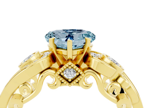 Yellow gold Heart Cut Aquamarine Solitaire Ring with Milgrain Pavé Band and Four-Prong Setting_28
