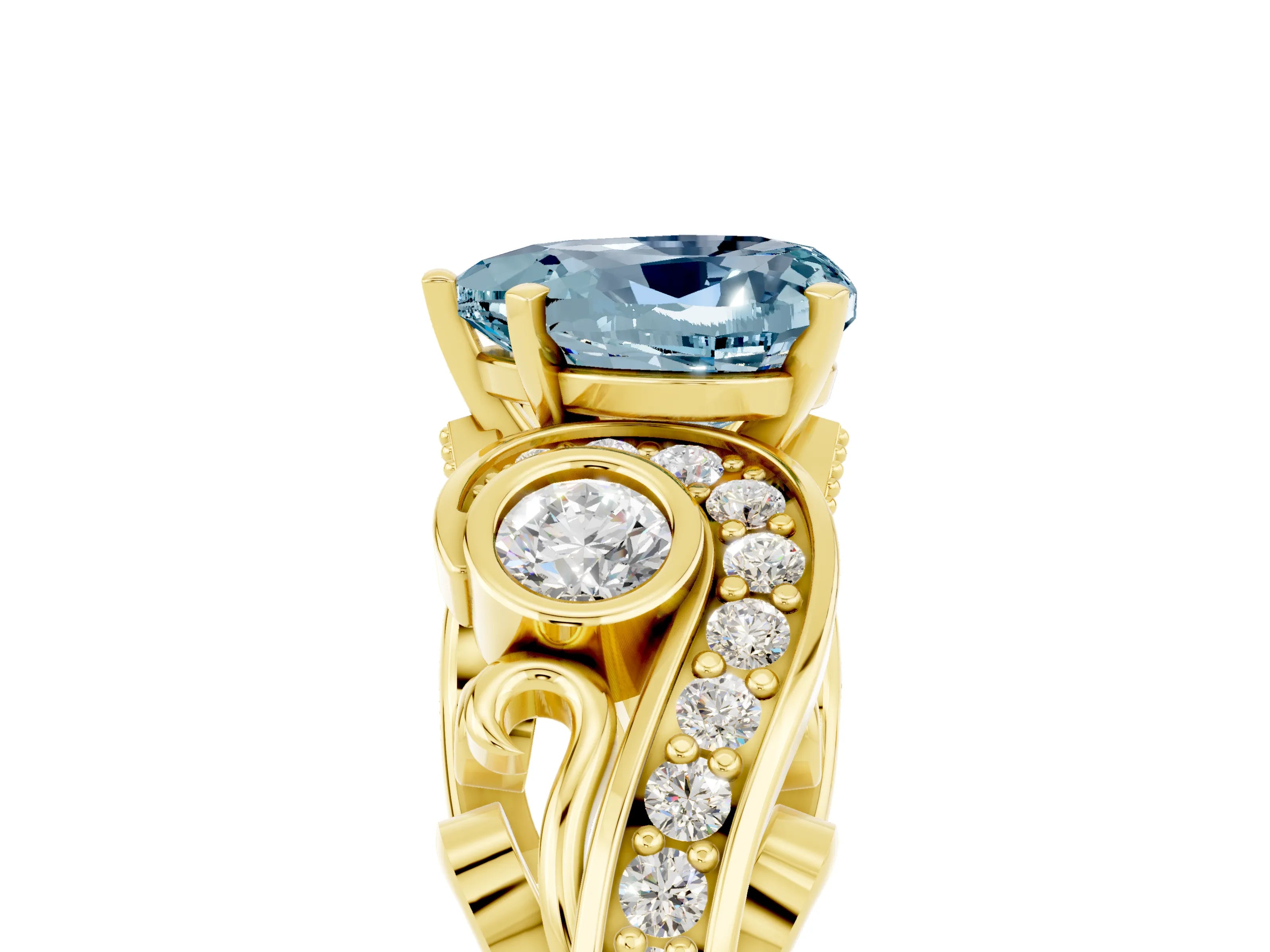 Yellow gold Heart Cut Aquamarine Solitaire Ring with Milgrain Pavé Band and Four-Prong Setting_29