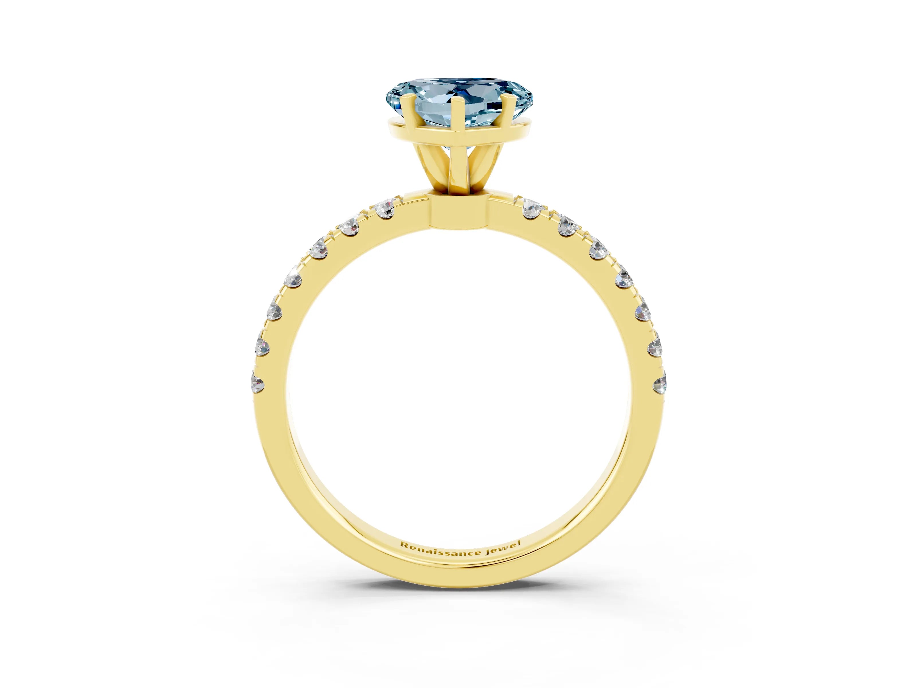 Yellow gold Heart Cut Aquamarine Solitaire Ring with Pavé Accents and Four-Prong Setting_3