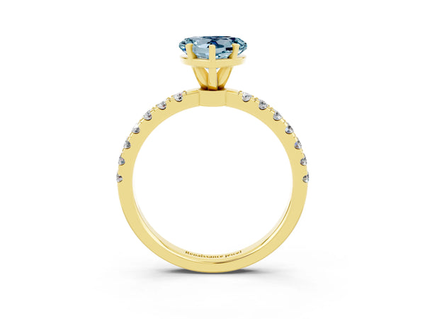 Yellow gold Heart Cut Aquamarine Solitaire Ring with Pavé Accents and Four-Prong Setting