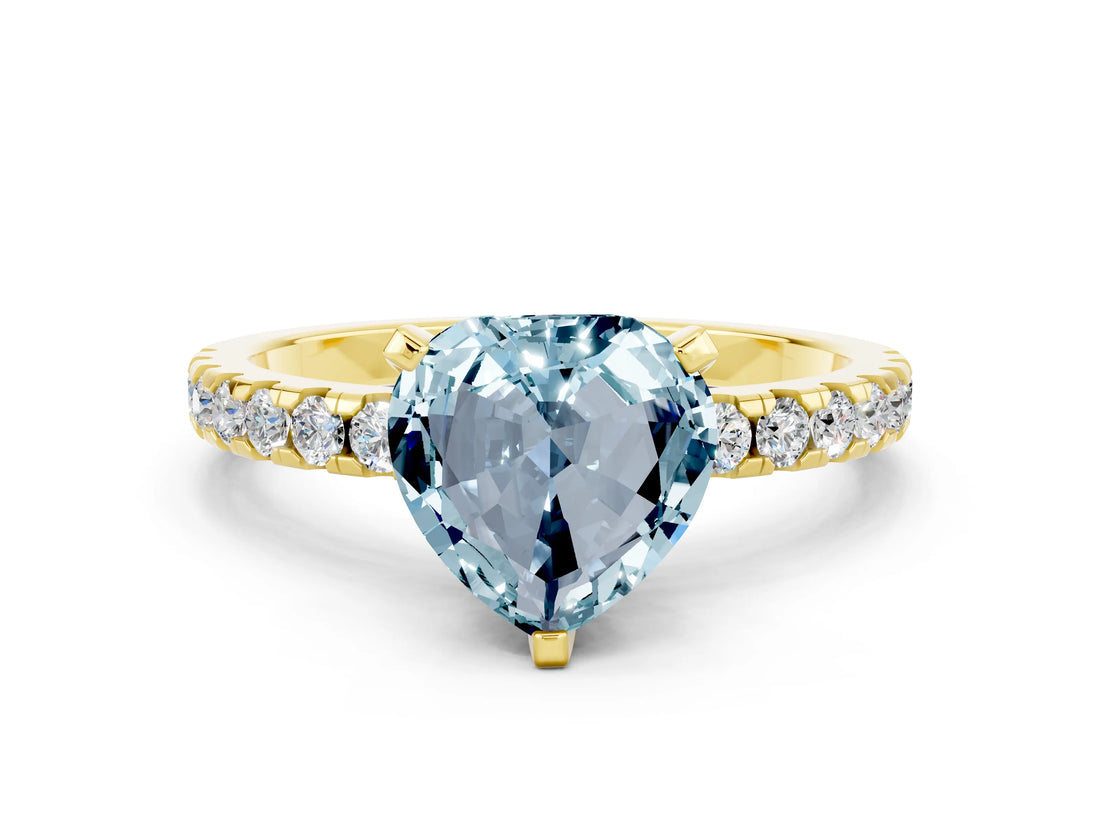 Yellow gold Heart Cut Aquamarine Solitaire Ring with Pavé Band and Four-Prong Setting_24