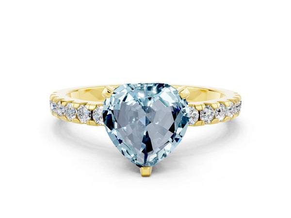 Yellow gold Heart Cut Aquamarine Solitaire Ring with Round  Pavé Band and Four-Prong Setting