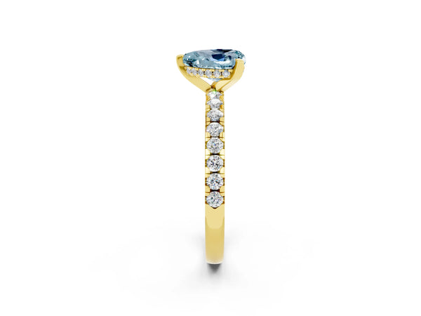 Yellow gold Heart Cut Aquamarine Solitaire Ring with Round  Pavé Band and Four-Prong Setting