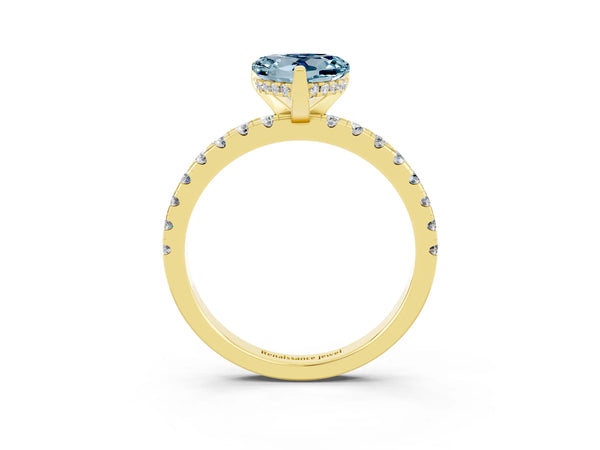 Yellow gold Heart Cut Aquamarine Solitaire Ring with Round  Pavé Band and Four-Prong Setting