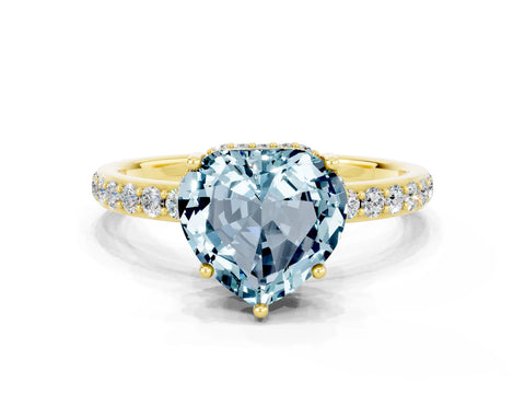 Yellow gold Heart Cut Aquamarine Solitaire Ring with Pavé Band and Hidden Halo_12
