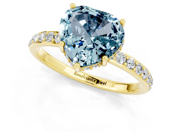 Yellow gold Heart Cut Aquamarine Solitaire Ring with Pavé Band and Hidden Halo