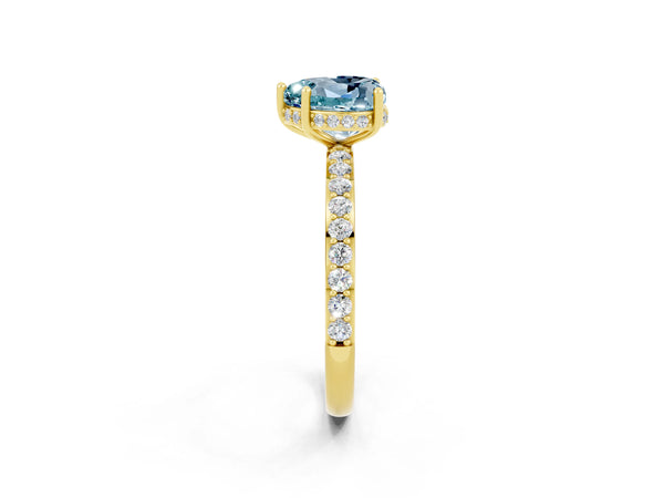 Yellow gold Heart Cut Aquamarine Solitaire Ring with Pavé Band and Hidden Halo