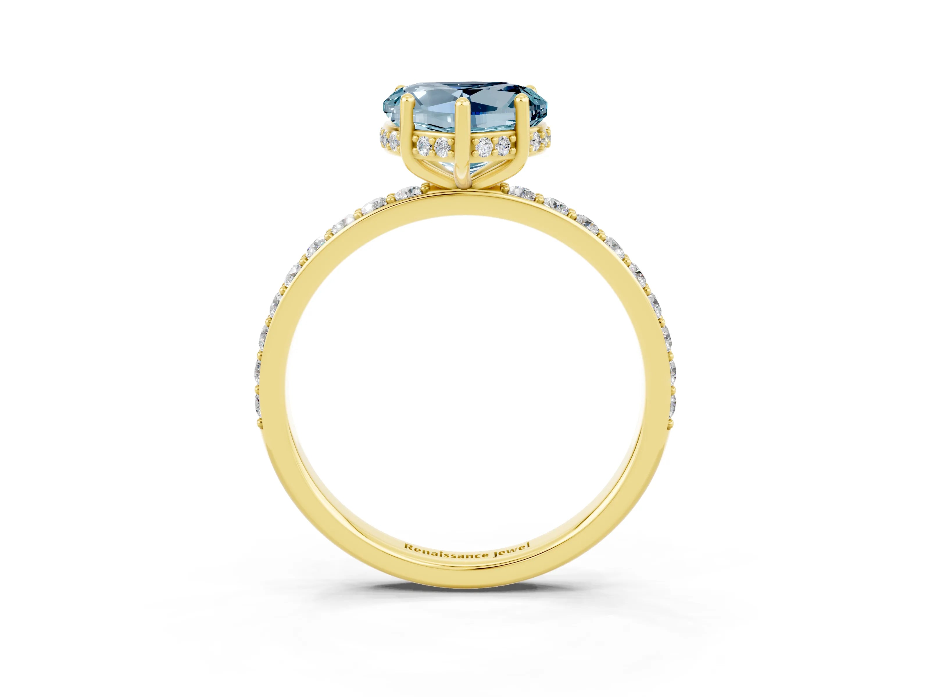 Yellow gold Heart Cut Aquamarine Solitaire Ring with Pavé Band and Hidden Halo_15