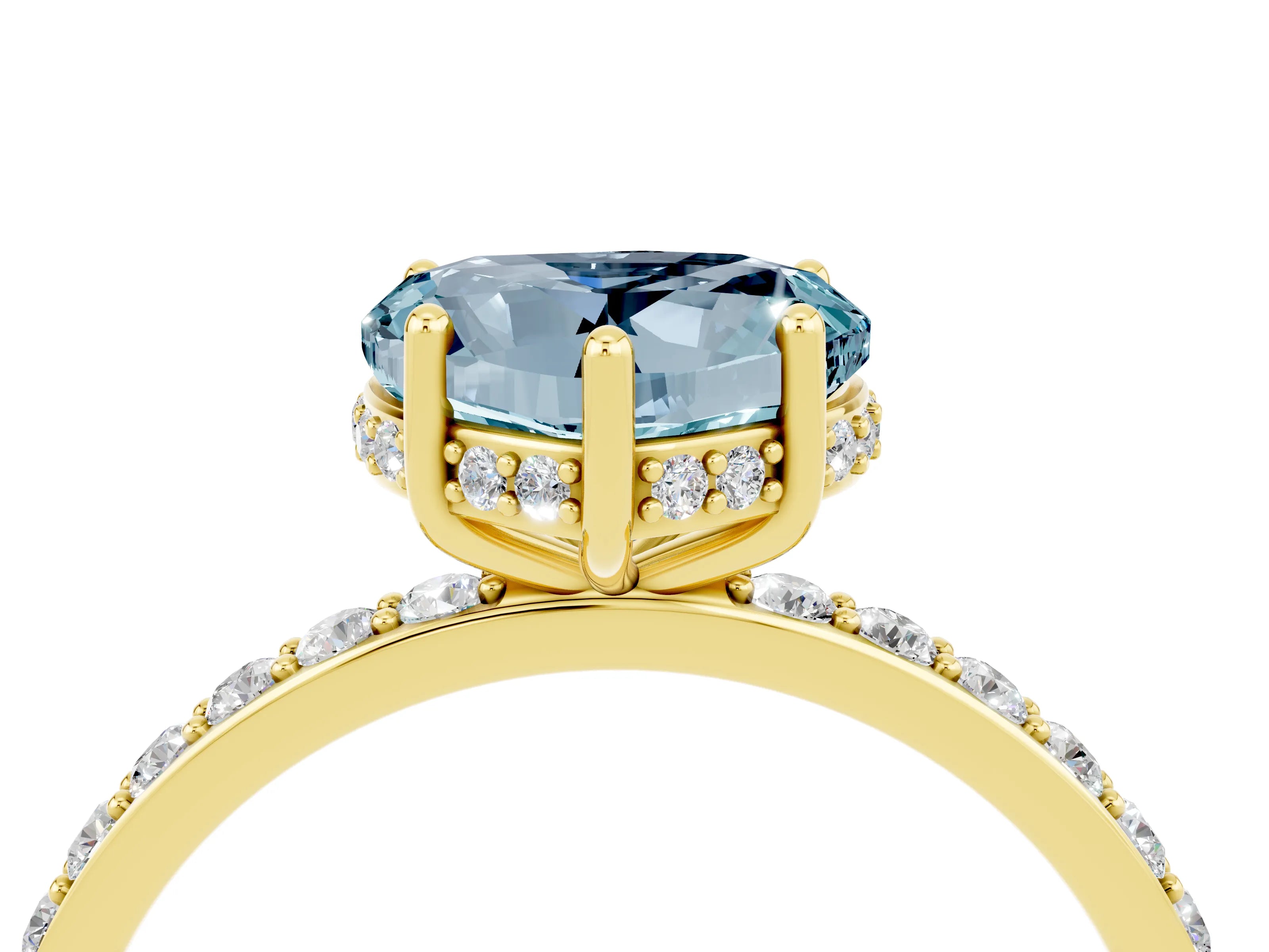 Yellow gold Heart Cut Aquamarine Solitaire Ring with Pavé Band and Hidden Halo_16