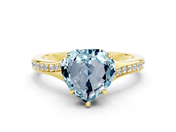 Yellow gold Heart Cut Aquamarine Solitaire Ring with Pavé Band and Prong Setting