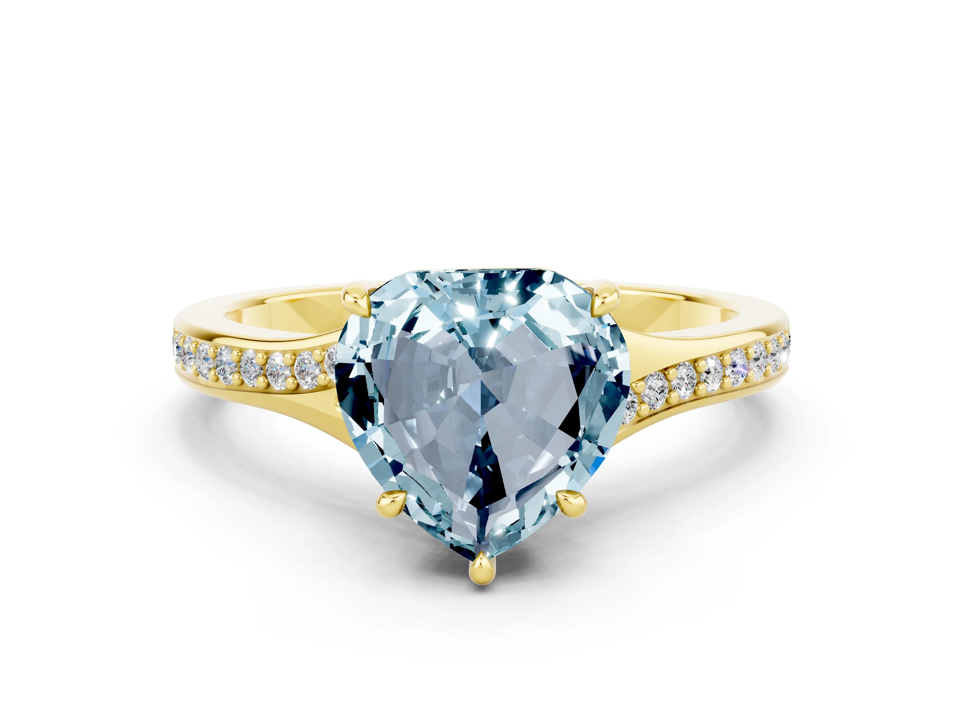 Yellow gold Heart Cut Aquamarine Solitaire Ring with Pavé Band and Prong Setting_12