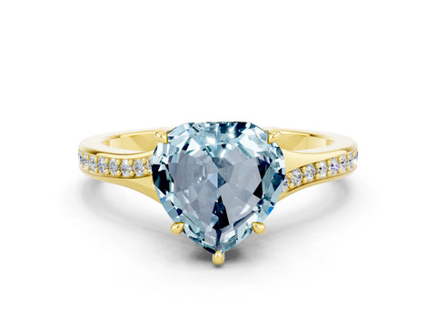 Yellow gold Heart Cut Aquamarine Solitaire Ring with Pavé Band and Prong Setting_12