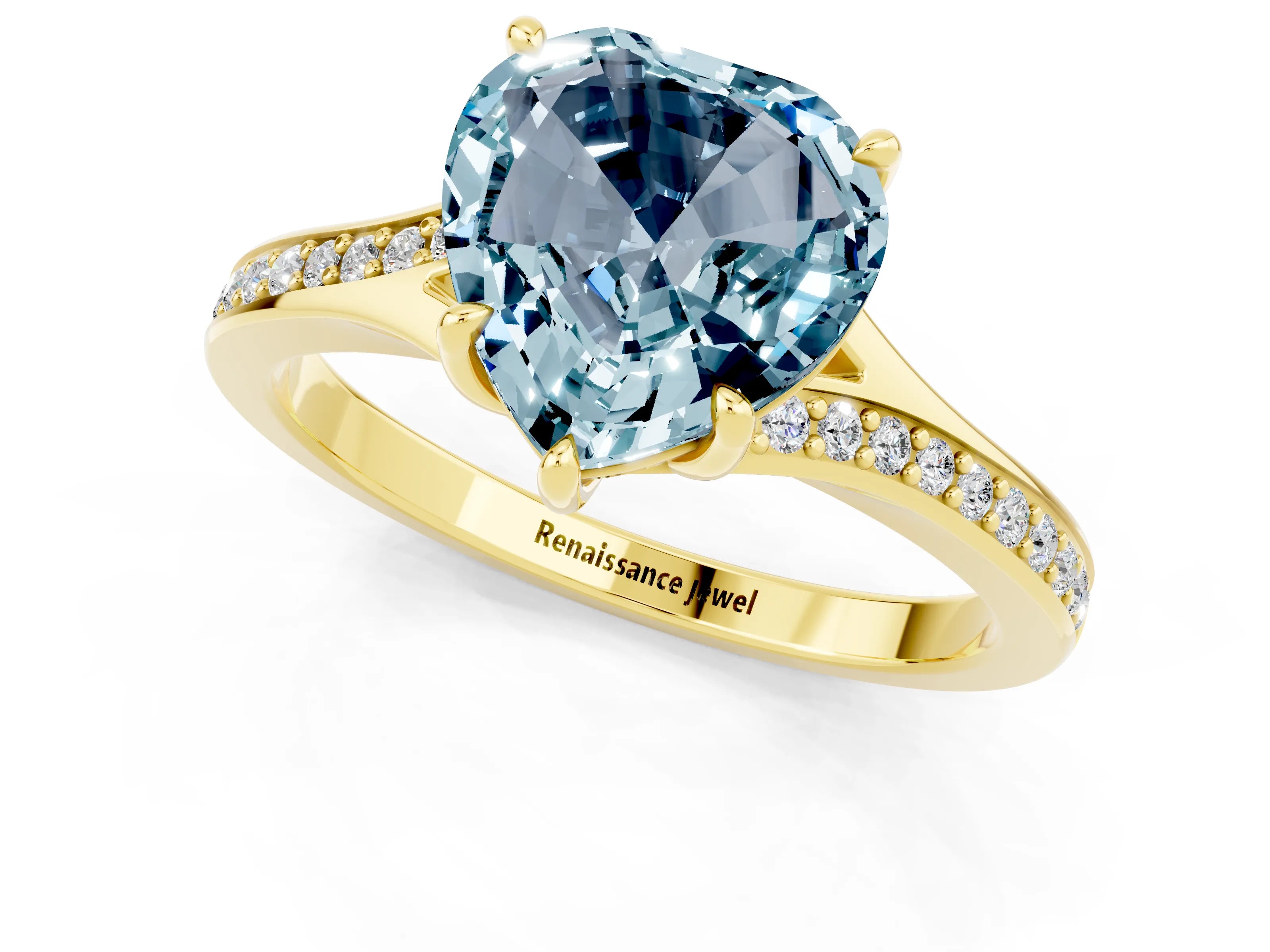 Yellow gold Heart Cut Aquamarine Solitaire Ring with Pavé Band and Prong Setting_13