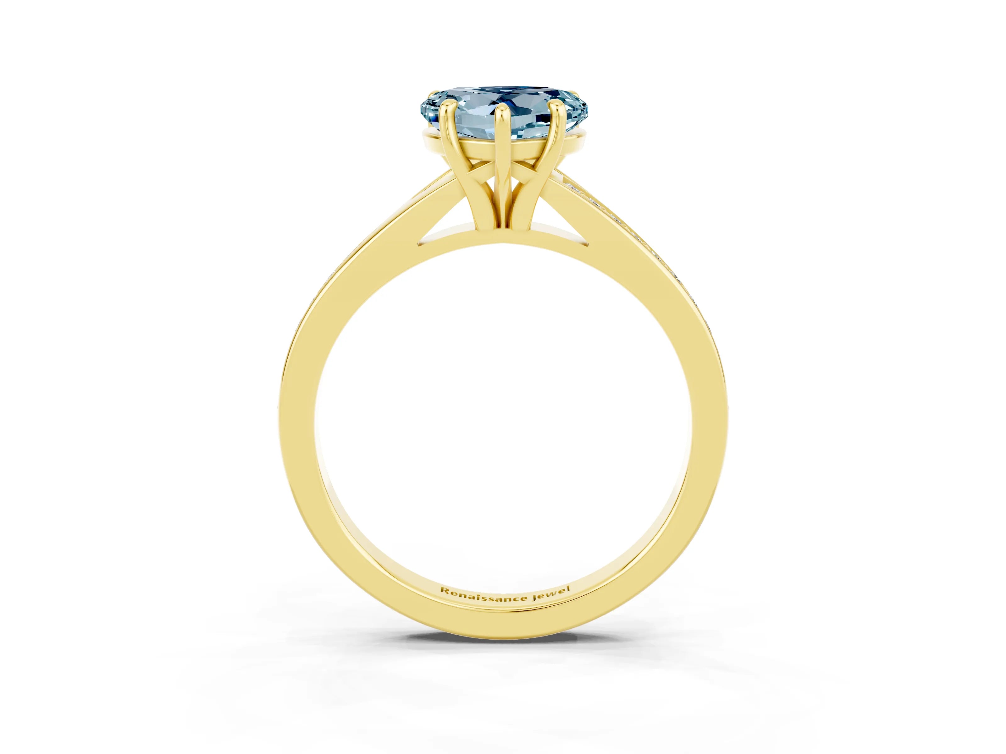 Yellow gold Heart Cut Aquamarine Solitaire Ring with Pavé Band and Prong Setting_15