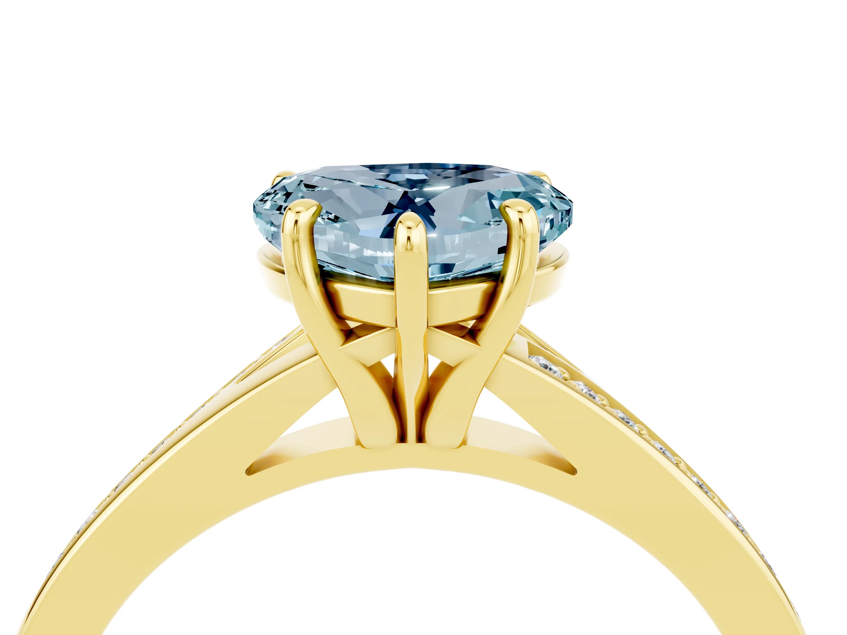 Yellow gold Heart Cut Aquamarine Solitaire Ring with Pavé Band and Prong Setting_16