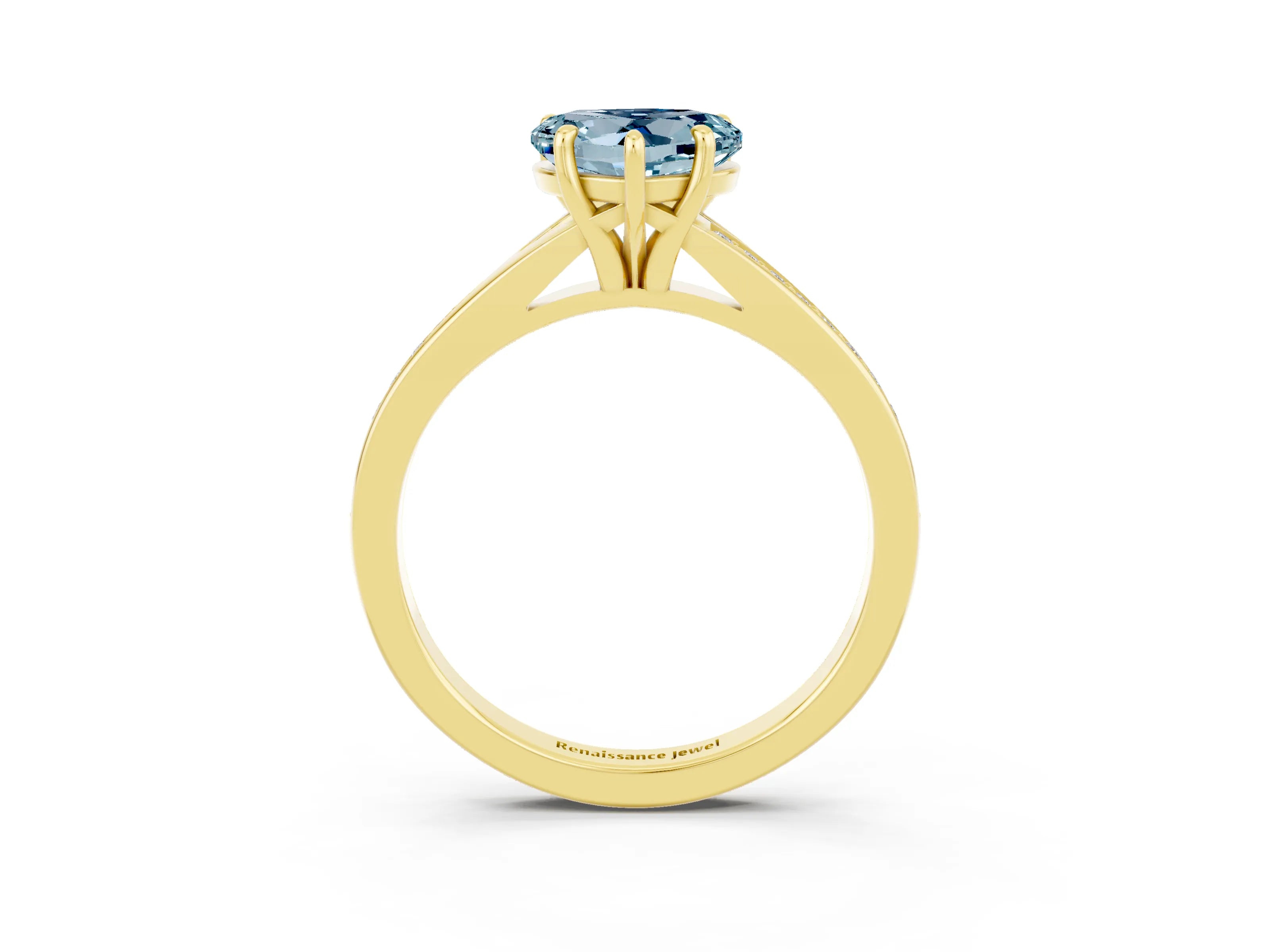 Yellow gold Heart Cut Aquamarine Solitaire Ring with Pavé Band and Prong Setting_3