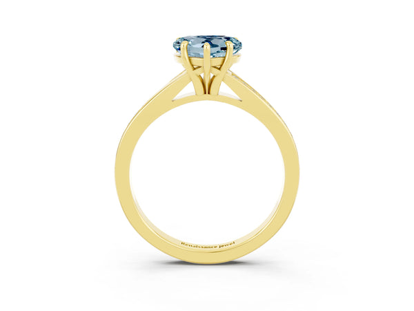 Yellow gold Heart Cut Aquamarine Solitaire Ring with Pavé Band and Prong Setting