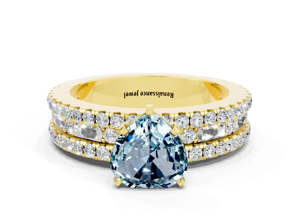 Yellow gold Heart Cut Aquamarine Solitaire Ring with Pavé and Channel Set Band