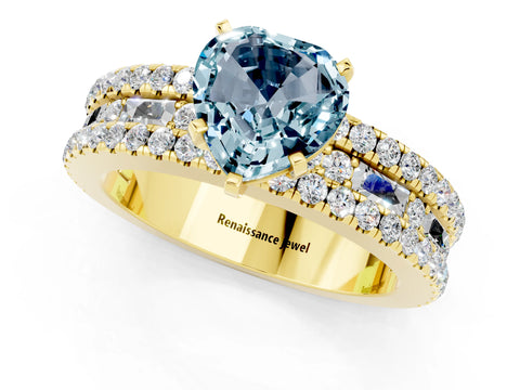 Yellow gold Heart Cut Aquamarine Solitaire Ring with Pavé and Channel Set Band_1