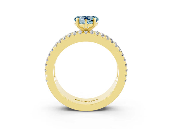 Yellow gold Heart Cut Aquamarine Solitaire Ring with Pavé and Channel Set Band