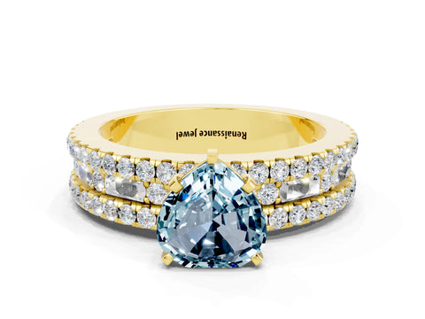 Yellow gold Heart Cut Aquamarine Solitaire Ring with Pavé and Channel Set Band