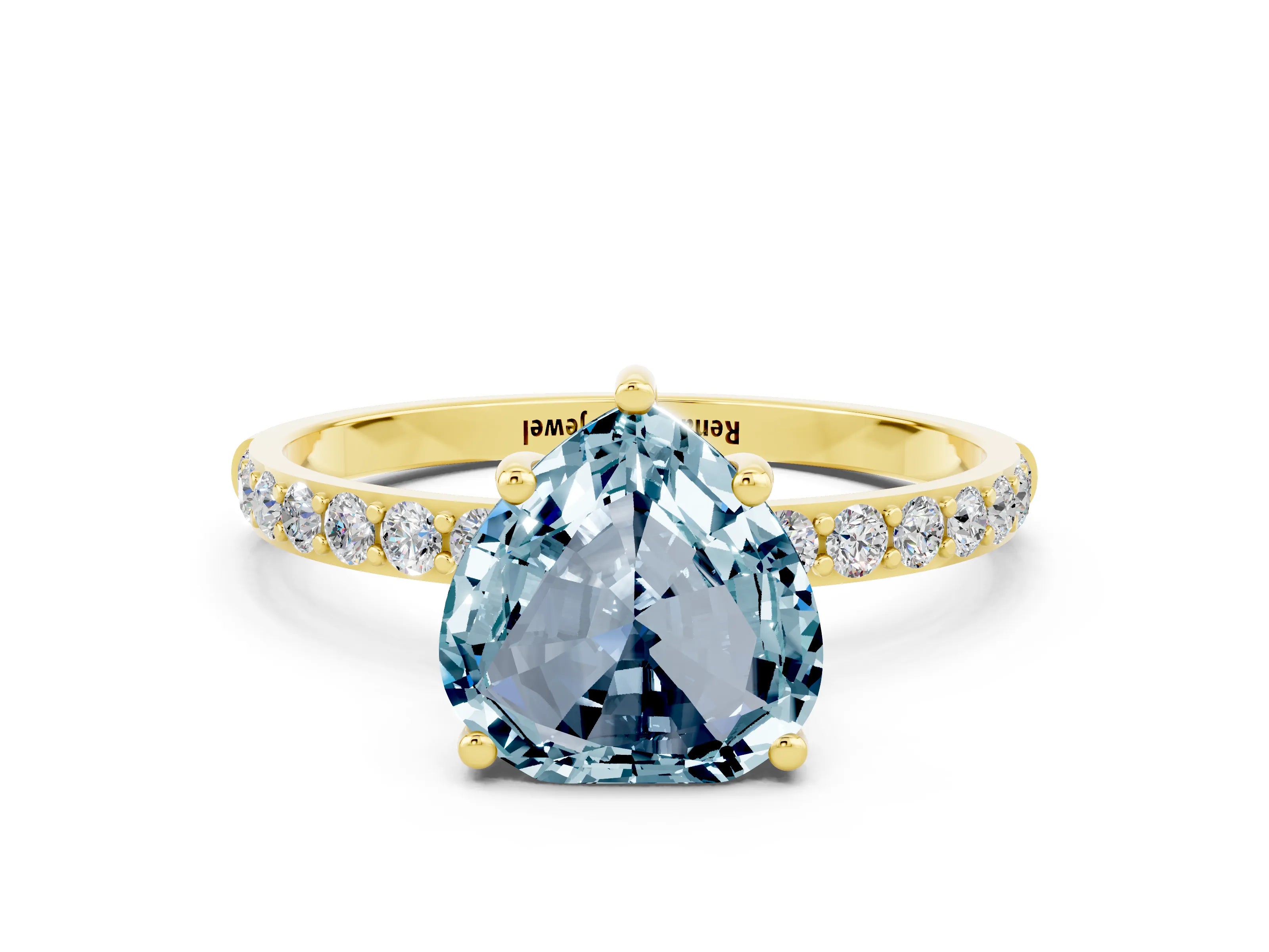 Yellow gold Heart Cut Aquamarine Solitaire Ring with Pave Band and Four Prong Setting_12