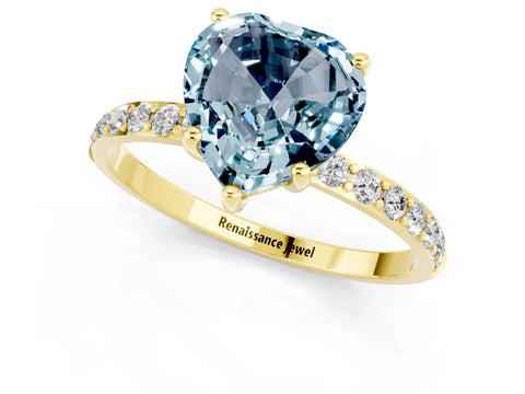 Yellow gold Heart Cut Aquamarine Solitaire Ring with Pave Band and Four Prong Setting_13