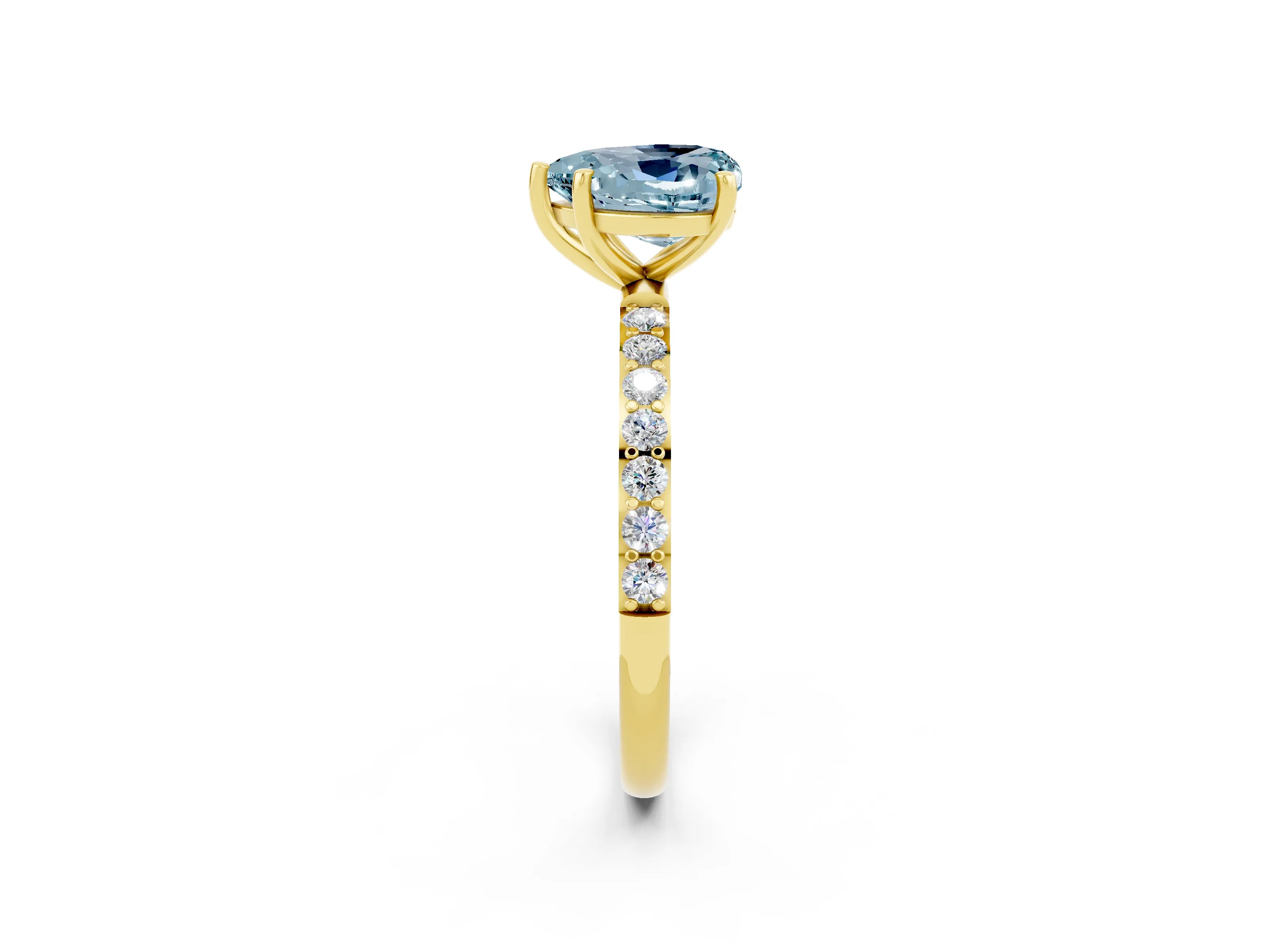 Yellow gold Heart Cut Aquamarine Solitaire Ring with Pave Band and Four Prong Setting_14