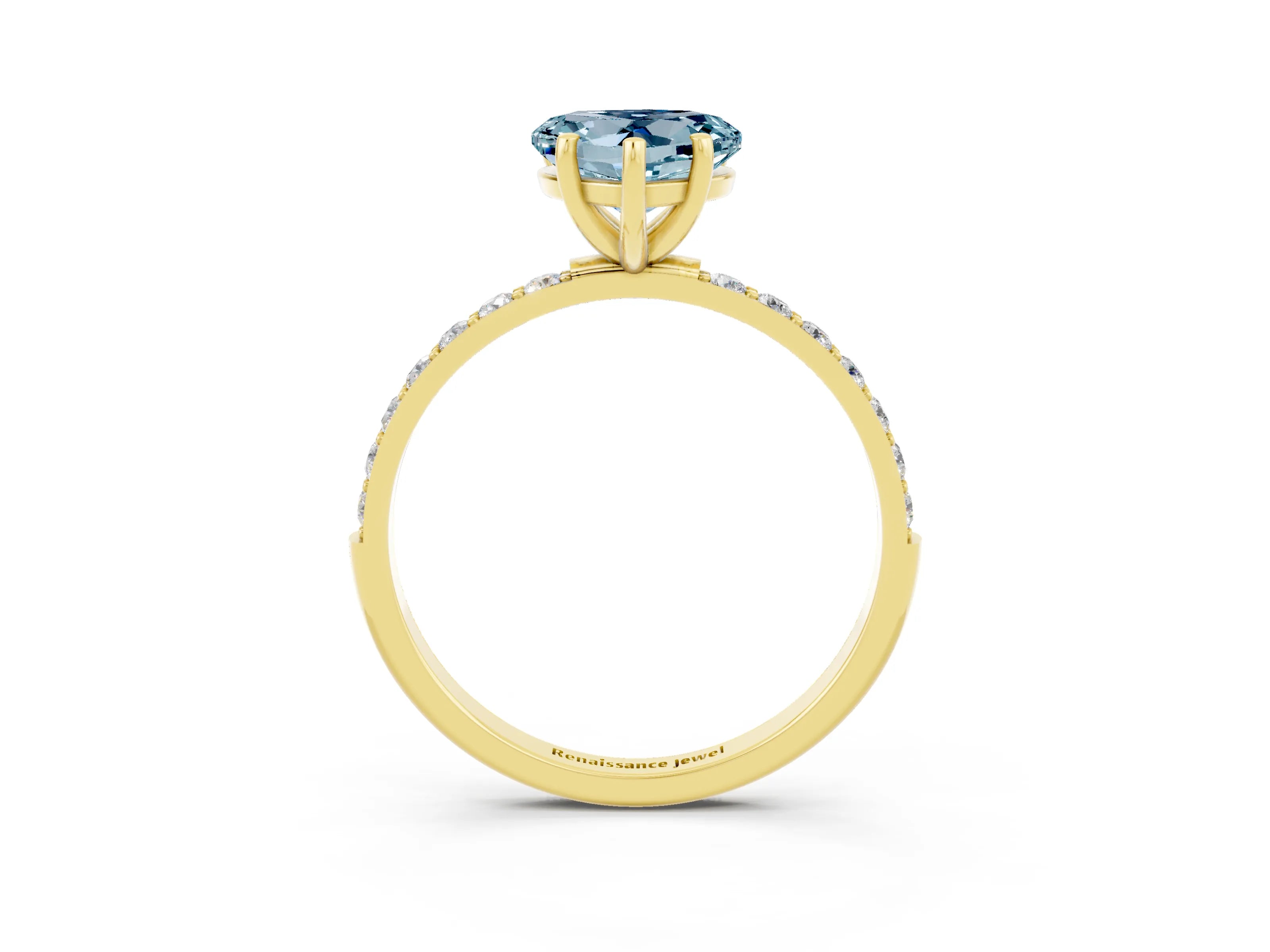 Yellow gold Heart Cut Aquamarine Solitaire Ring with Pave Band and Four Prong Setting_15