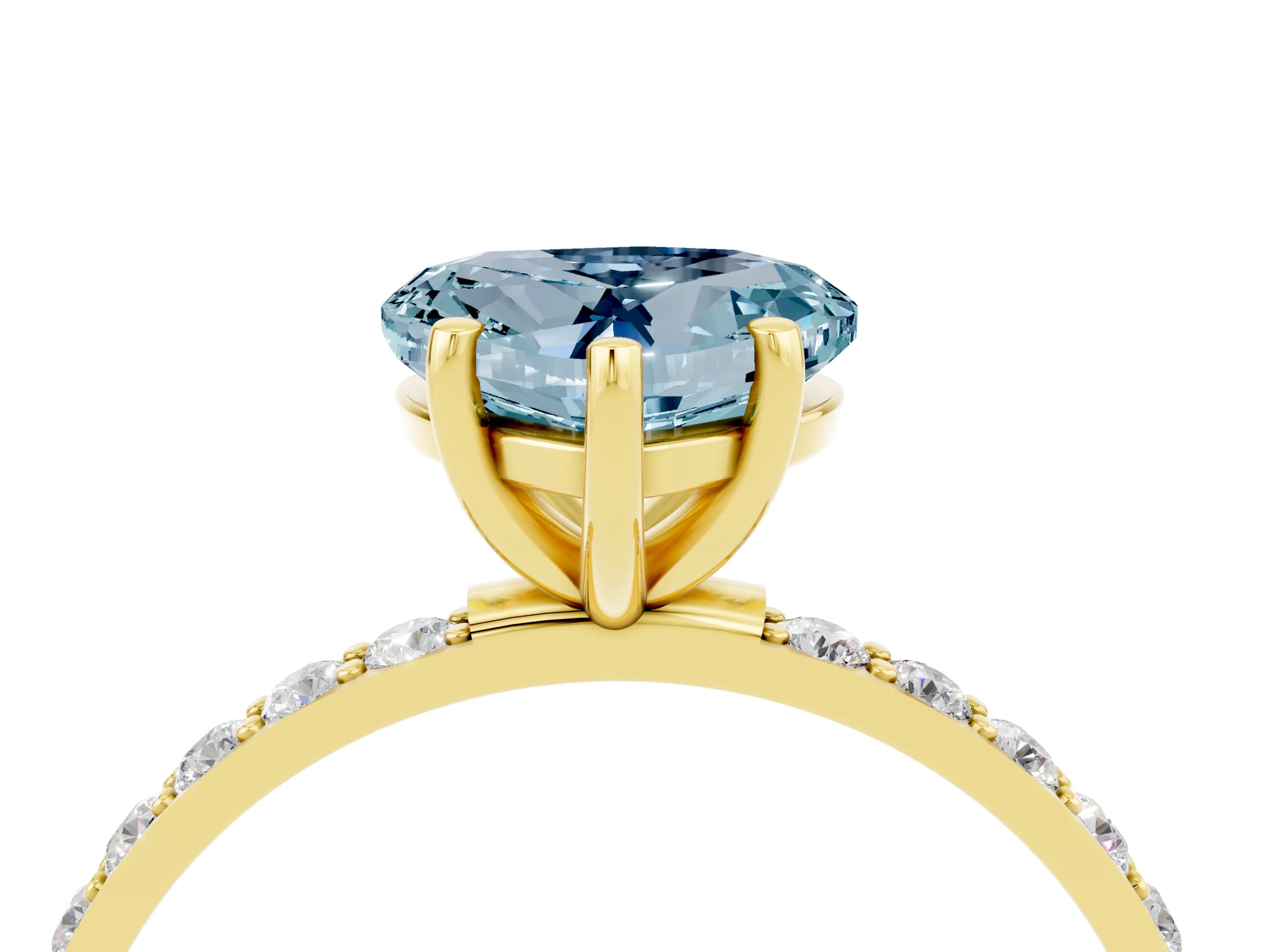 Yellow gold Heart Cut Aquamarine Solitaire Ring with Pave Band and Four Prong Setting_16