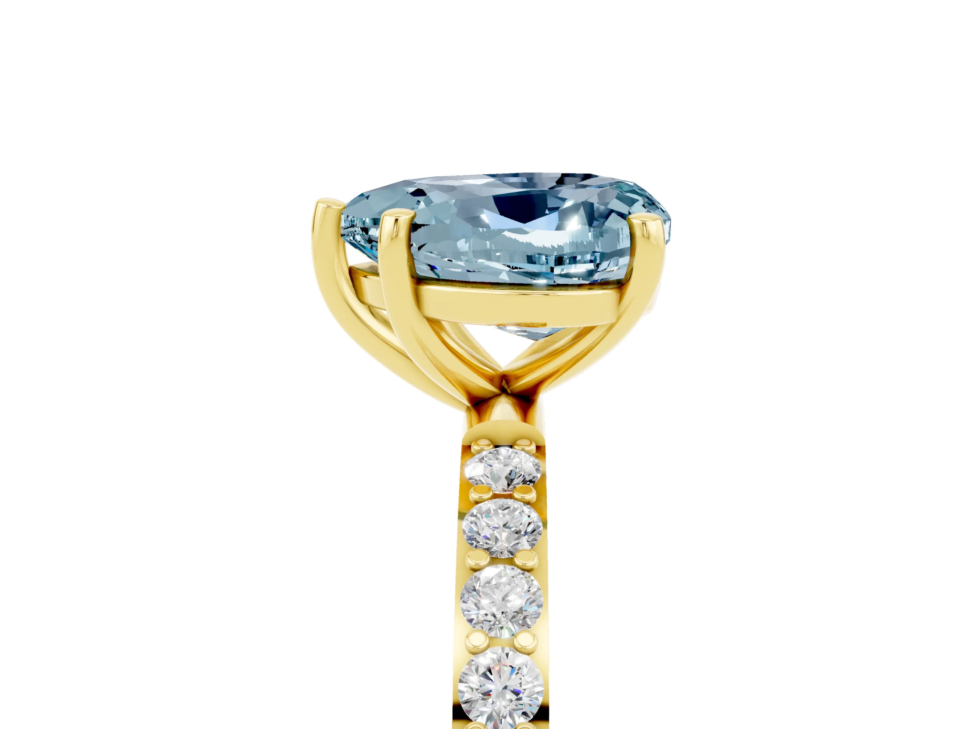 Yellow gold Heart Cut Aquamarine Solitaire Ring with Pave Band and Four Prong Setting_17