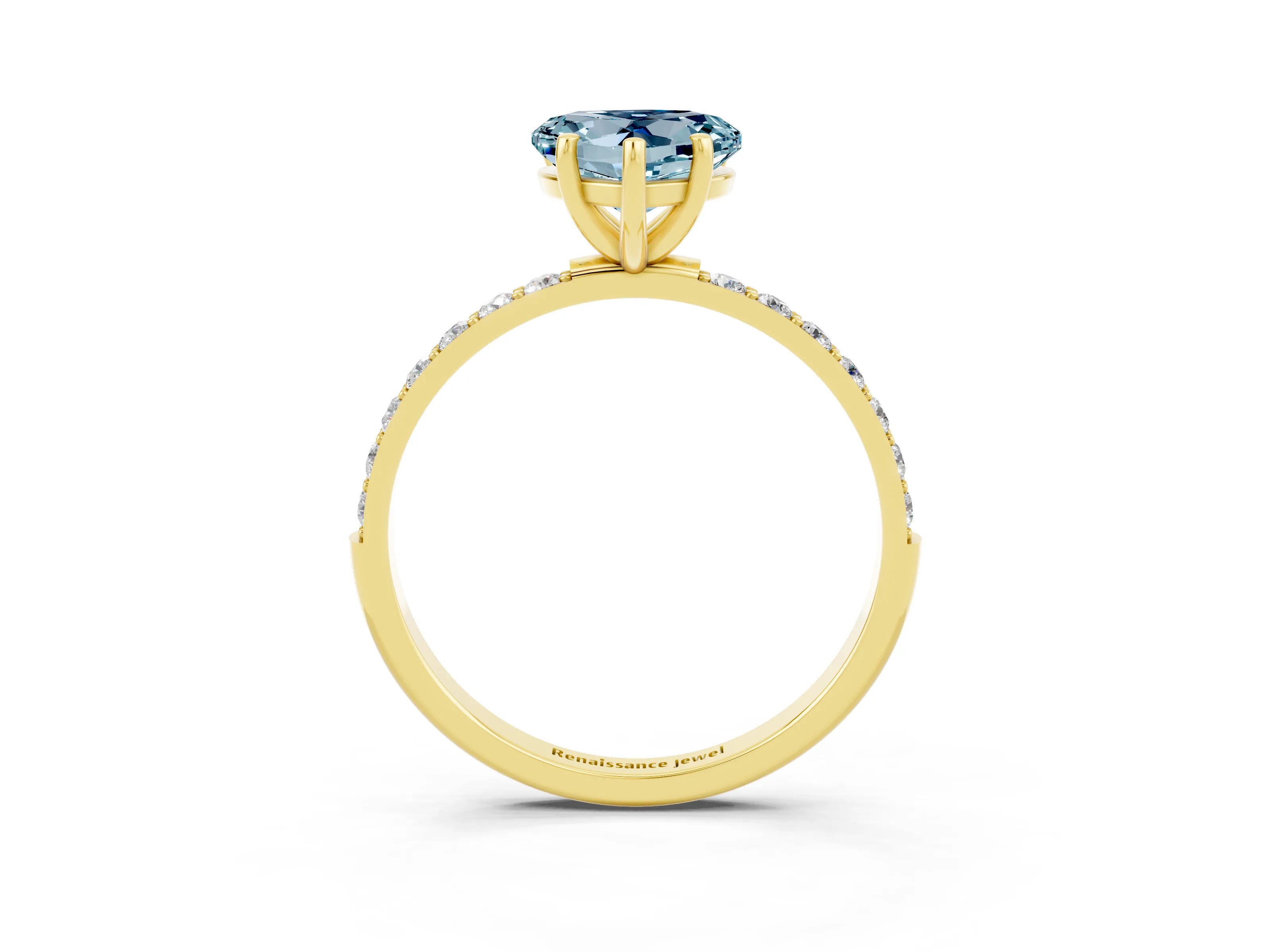Yellow gold Heart Cut Aquamarine Solitaire Ring with Pave Band and Four Prong Setting_27